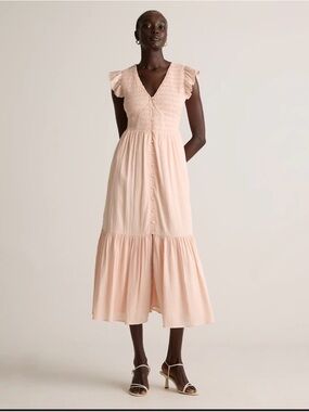 Quince organic cotton Sleeveless V-Neck Ruffle Midi Dress in Blush